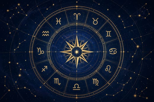 Gold zodiac wheel on a navy star field